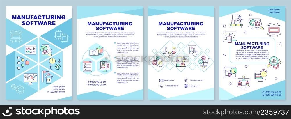 Manufacturing software brochure template. Automated system. Leaflet design with linear icons. 4 vector layouts for presentation, annual reports. Arial-Black, Myriad Pro-Regular fonts used. Manufacturing software brochure template