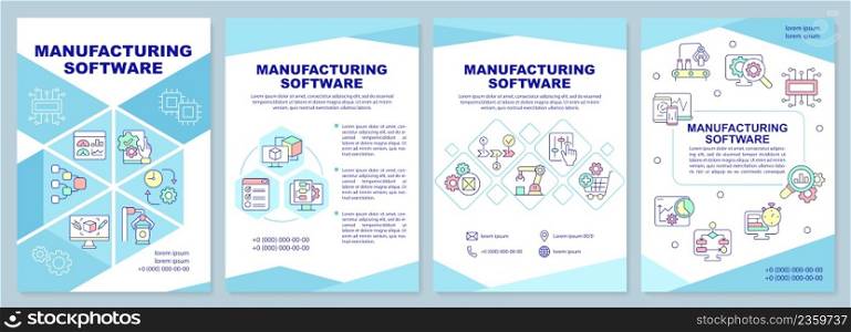 Manufacturing software brochure template. Automated system. Leaflet design with linear icons. 4 vector layouts for presentation, annual reports. Arial-Black, Myriad Pro-Regular fonts used. Manufacturing software brochure template
