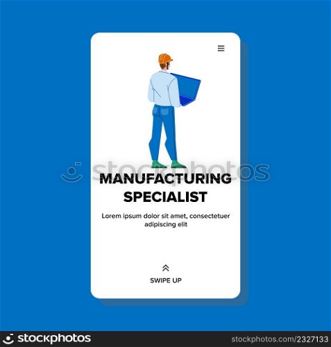 Manufacturing Specialist Control Production Vector. Man Manufacturing Specialist Checking Mechanism Quality And Work With Laptop. Character Industry Engineer Web Flat Cartoon Illustration. Manufacturing Specialist Control Production Vector