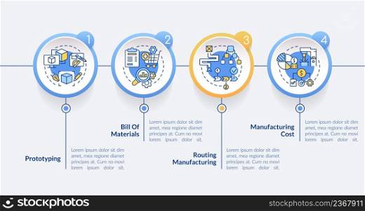 Manufacturing stages circle infographic template. Production process. Data visualization with 4 steps. Process timeline info chart. Workflow layout with line icons. Lato-Bold, Regular fonts used. Manufacturing stages circle infographic template