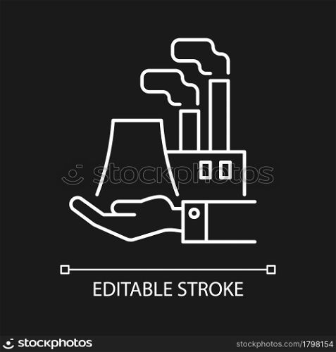 Manufacturing white linear icon for dark theme. Plants and ownership. Production of goods. Thin line customizable illustration. Isolated vector contour symbol for night mode. Editable stroke. Manufacturing white linear icon for dark theme