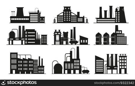 Manufactury, factory and plants vector set. Business buildings. Oil refinery. Factory silhouette icons. Industrial warehouse, architecture.. Manufactury, factory and plants vector set. Business buildings. Oil refinery.