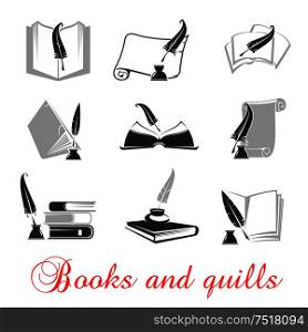 Manuscript and books with quill and ink. Education or knowledge black set of icons. Calligraphy of handwritten or typewritten history scrolls. Manuscript, books with quills and ink