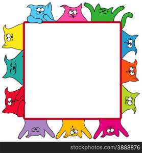 Many amusing thick color cats around a large square billboard, cartoon vector artwork