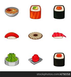 Many asian sushi food icons set. Cartoon set of 9 many asian sushi food vector icons for web isolated on white background. Many asian sushi food icons set, cartoon style