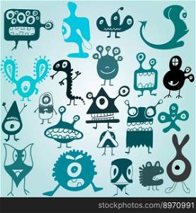 Many cute doodle monsters vector image