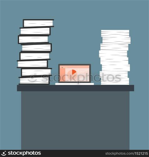 Many documents paper and laptop on desks. Business concept in Working hard for economic gain. Vector illustration.