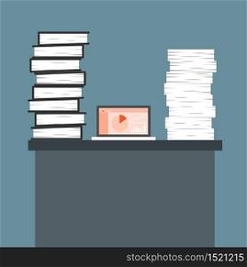 Many documents paper and laptop on desks. Business concept in Working hard for economic gain. Vector illustration.
