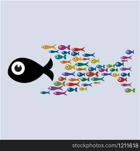 Many fish together as big fish of concept business teamwork. Metaphor of unity is strength