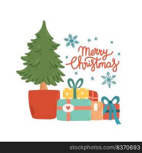 Many gifts presents under Christmas tree Merry Christmas lettering isolated vector illustration