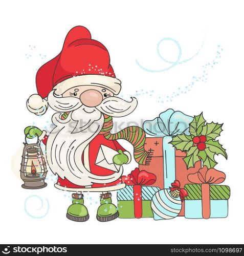 MANY GIFTS SANTA New Year Cartoon Card Vector Illustration Set