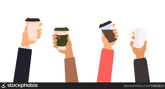 Many hands holding coffee and tea cups, group of people with take away mugs and office cup vector isolated set illustration