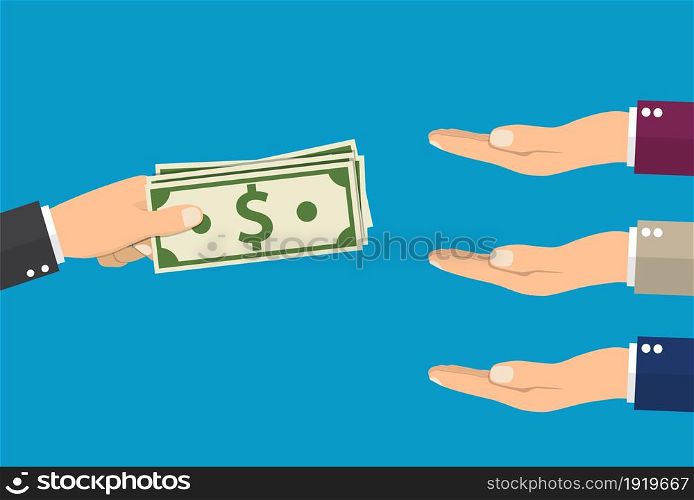Many hands reaching out for money. Hand holding cash. Give salary. Employer and staff. Vector illustration in flat style. Many hands reaching out for money.