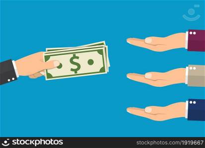 Many hands reaching out for money. Hand holding cash. Give salary. Employer and staff. Vector illustration in flat style. Many hands reaching out for money.