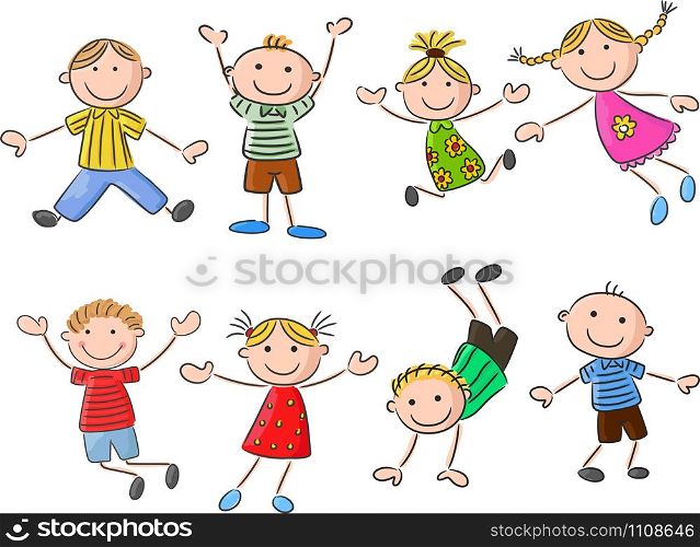 Many happy kid jumping and dancing together