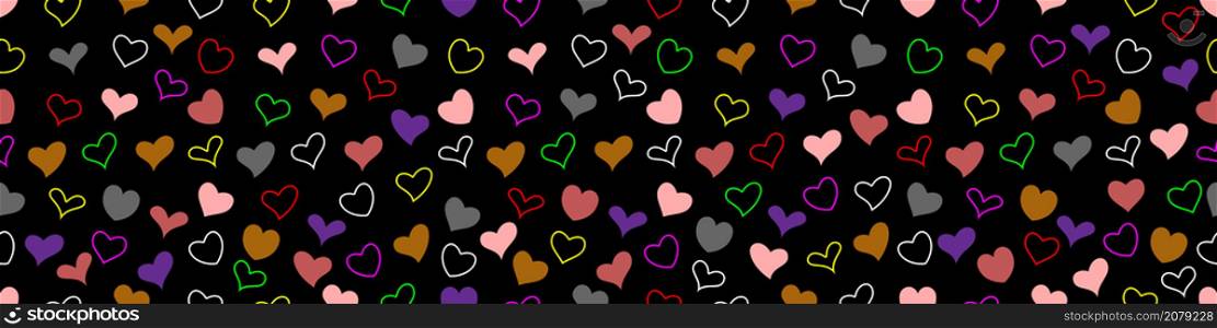 Many hearts in different colors on a black background. Seamless pattern.