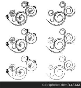 Many isolated plants elements with flowers and interwoven lines, black stencil vector on the white background for design of postcards