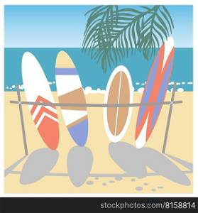 Many multi-colored surfboards on the beach. Panorama. Vector illustration. Set of surfboards.. Many surfboards on the beach. Panorama. Vector illustration