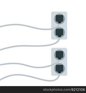 Many outlets to plug with wires. load on system. Cartoon flat illustration. Household appliance at home. High voltage and current. Electrical socket. Many outlets to plug with wires