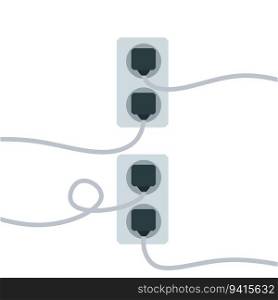 Many outlets to plug with wires. load on system. Cartoon flat illustration. Household appliance at home. High voltage and current. Electrical socket. Many outlets to plug with wires.