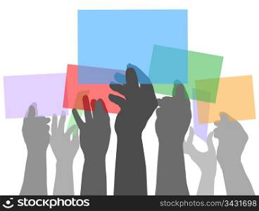 Many people holding up colorful copy space cards in their hands