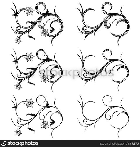 Many plants elements with interwoven lines of Victorian style, black isolated vector on the white background for design of postcards