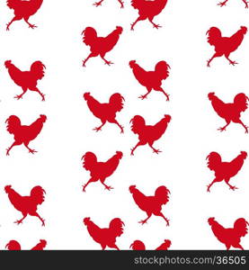 Many roosters. Seamless ornament composed of small red silhouettes of roosters. Vector illustration.