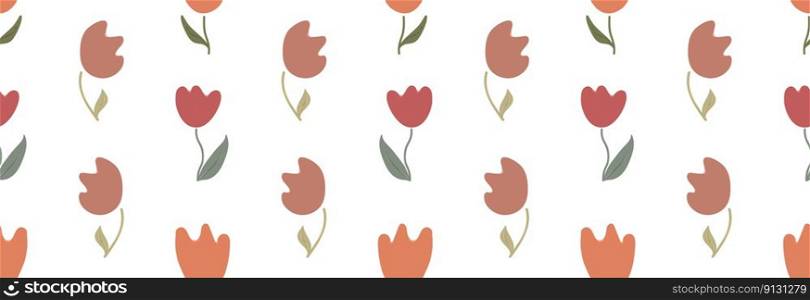 Many tulips on a white background. Spring seamless banner.