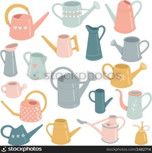Many watering cans in different colors, grouped vector