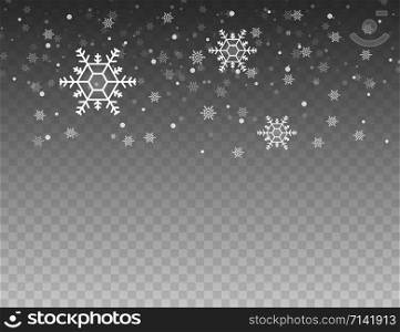 Many white cold flake elements on transparent background. Heavy snowfall, snowflakes in different shapes and forms. Vector stock illustration. Many white cold flake elements on transparent background. Heavy snowfall, snowflakes in different shapes and forms. Vector stock illustration.