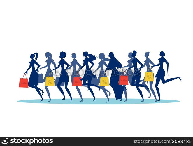 Many woman silhouette running with shopping bags. Black friday sale Vector illustration. Isolated on white background