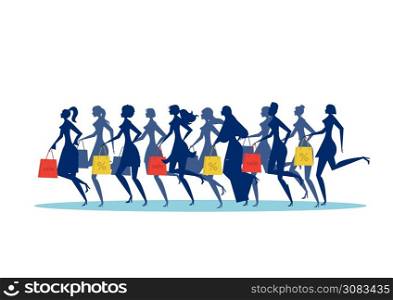 Many woman silhouette running with shopping bags. Black friday sale Vector illustration. Isolated on white background