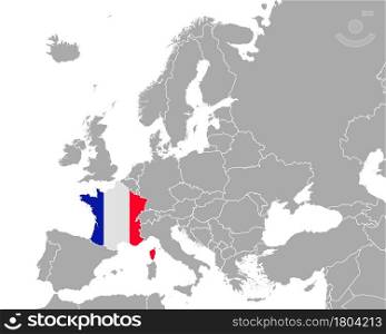 Map and flag of France in Europe