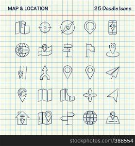 Map and Location 25 Doodle Icons. Hand Drawn Business Icon set