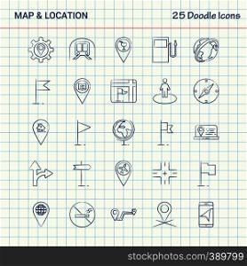 Map and Location 25 Doodle Icons. Hand Drawn Business Icon set