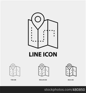 Map, Camping, plan, track, location Icon in Thin, Regular and Bold Line Style. Vector illustration. Vector EPS10 Abstract Template background