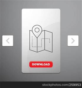 Map, Camping, plan, track, location Line Icon in Carousal Pagination Slider Design & Red Download Button