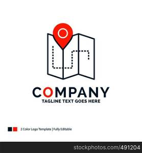 Map, Camping, plan, track, location Logo Design. Blue and Orange Brand Name Design. Place for Tagline. Business Logo template.