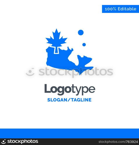 Map, Canada, Leaf Blue Solid Logo Template. Place for Tagline