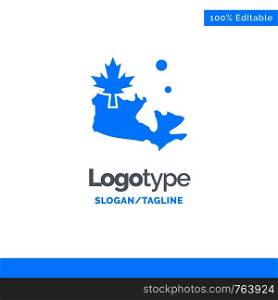 Map, Canada, Leaf Blue Solid Logo Template. Place for Tagline