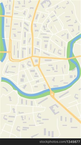 Map city. Graphic plan town with streets, river, bridges, green parks, buildings and roads. Urban background with location, navigation for gps, travels and guides. Aerial pattern cartography. Vector.. Map city. Graphic plan town with streets, river, bridges, green parks, buildings and roads. Urban background with location, navigation for gps, travels and guides. Aerial pattern cartography. Vector