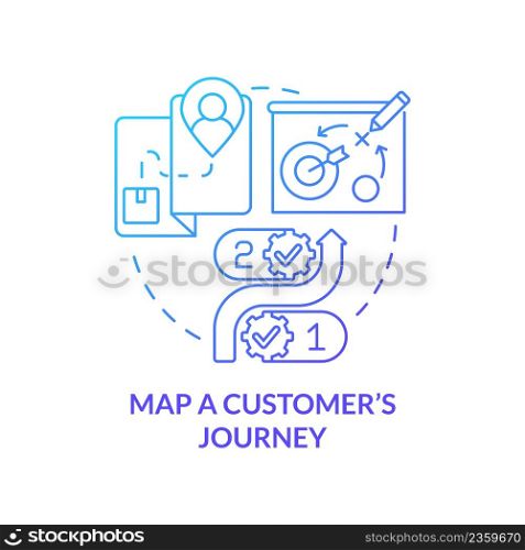 Map customer journey blue gradient concept icon. Market analysing. Ways to client-centric business abstract idea thin line illustration. Isolated outline drawing. Myriad Pro-Bold font used. Map customer journey blue gradient concept icon