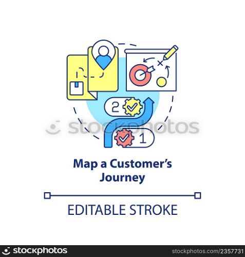 Map customer journey concept icon. Ways to client-centric business abstract idea thin line illustration. Isolated outline drawing. Editable stroke. Arial, Myriad Pro-Bold fonts used. Map customer journey concept icon