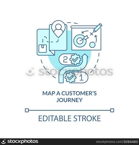 Map customer journey turquoise concept icon. Ways to client-centric business abstract idea thin line illustration. Isolated outline drawing. Editable stroke. Arial, Myriad Pro-Bold fonts used. Map customer journey turquoise concept icon