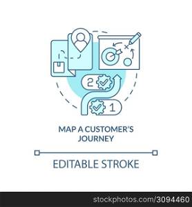 Map customer journey turquoise concept icon. Ways to client-centric business abstract idea thin line illustration. Isolated outline drawing. Editable stroke. Arial, Myriad Pro-Bold fonts used. Map customer journey turquoise concept icon