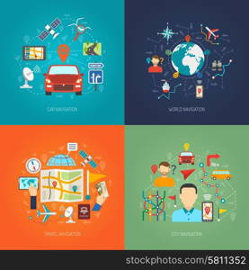 Map design concept set with city and world navigation flat icons isolated vector illustration. Map Design Concept