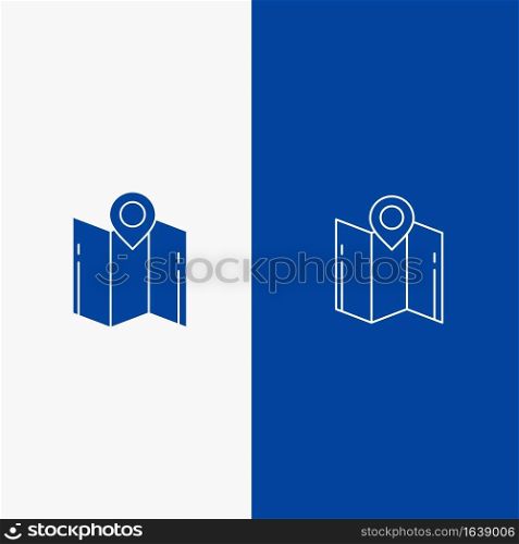 Map, Direction, Location, Navigation, Pointer Line and Glyph Solid icon Blue banner Line and Glyph Solid icon Blue banner