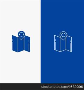Map, Direction, Location, Navigation, Pointer Line and Glyph Solid icon Blue banner Line and Glyph Solid icon Blue banner