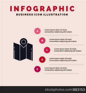 Map, Direction, Location, Navigation, Pointer Solid Icon Infographics 5 Steps Presentation Background
