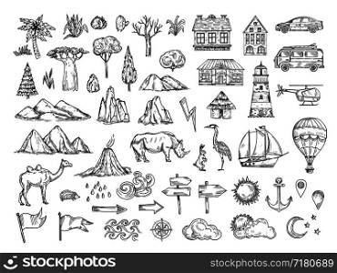Map elements. Sketch hill and mountain, tree and bush, buildings and clouds. Vintage hand drawn vector symbols for cartography. Illustration of house and car, lighthouse and ship, animal and pointer. Map elements. Sketch hill and mountain, tree and bush, buildings and clouds. Vintage hand drawn vector symbols for cartography
